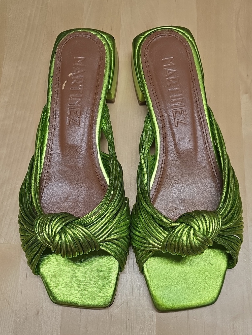 {Souliers Martinez} Green Knot Satin Slide Sandals - Size 39
